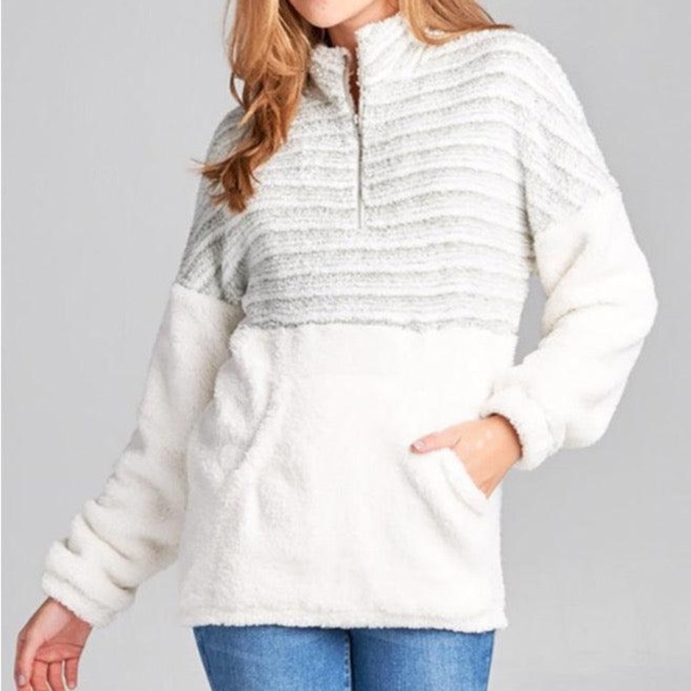026 Cozy striped Zipper pocket Teddy pullover sweater top - Picture 2 of 5